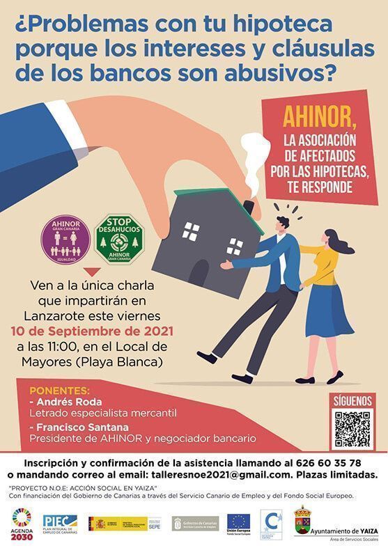 Cartel charla de la Plataforma de Afectados por las Hipotecas en Playa Blanca