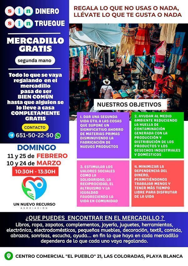 Noticias Playa Blanca | La asociación ‘Un Nuevo Recurso’ invita a su Mercadillo Gratuito de 2ª Mano en Playa Blanca