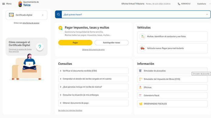 Pantallazo web de tributos Yaiza Noticias Yaiza | Yaiza abre una oficina virtual tributaria específica para la gestión y tramitación de impuestos