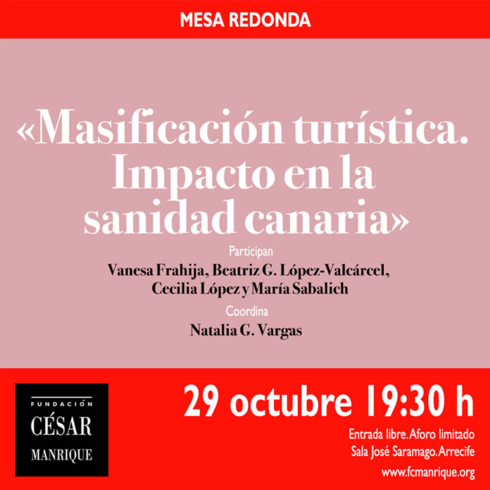 Cartel mesa redonda sobre “Masificación turística. Impacto en la sanidad canaria” Noticias | La FCM acoge una mesa redonda sobre el impacto de la masificación turística en la sanidad canaria